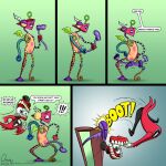 animate_inanimate caine_(tadc) clothing comic crude_humor detachable detachable_limbs duo exclamation_point glitch_productions hat headgear headwear hi_res humor kick living_toy male nonbinary_(lore) omny87 pun teeth the_amazing_digital_circus top_hat zooble_(tadc)