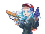  1girl :o absurdres asymmetrical_dual_wielding baseball_cap black_shirt black_sweater blue_eyes blue_flower blue_hair cave_story colored_eyelashes commentary_request cowboy_shot dual_wielding finger_on_trigger flower forehead gloves gun hair_flower hair_ornament haneuzu_miuneru hat highres holding holding_weapon long_sleeves looking_at_viewer oxygenvil red_hat revolver rocket_launcher shirt solo sweater textless_version transparent_background virtual_youtuber voms weapon white_gloves white_hair 