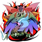  blue_eyes bug charizard claws dragon fangs fire full_body horns kanikou7 looking_at_viewer mega_charizard_x mega_pokemon no_humans open_mouth pokemon pokemon_(creature) pokemon_bw pokemon_rgby red_eyes simple_background tail teeth volcarona white_background wings 