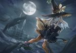  1girl artist_request bird boots broom_riding disney dress female flying full_moon halloween hat jack_skellington moon night orange_eyes original smile solo star_(sky) tagme the_nightmare_before_christmas thighhighs tongue tongue_out white_hair witch witch_hat 
