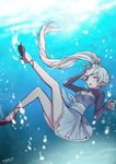  ankle_lace-up blue_eyes breasts bubble cleavage cleavage_cutout commentary cross-laced_footwear dress earrings ecru falling high_heels jewelry long_hair long_sleeves no_scar open_mouth ponytail rwby side_ponytail small_breasts solo water wedge_heels weiss_schnee white_hair 