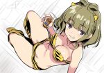  1girl airport96 animal_print bikini blush breasts brown_hair cleavage commentary_request cone_horns cosplay from_above fur_bikini highres holding horns large_breasts looking_at_viewer lum lum_(cosplay) medium_hair navel oni_costume original print_bikini print_boots purple_eyes simple_background small_horns smile solo strapless strapless_bikini swimsuit tiger_panties tiger_print urusei_yatsura white_background yellow_bikini yellow_horns 