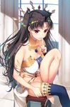  anklet armlet asahina_hikage asymmetrical_legwear asymmetrical_sleeves bangs bare_shoulders barefoot black_hair black_ribbon bridal_gauntlets commentary_request crown detached_collar earrings elbow_gloves fate/grand_order fate_(series) gloves hair_ribbon heavenly_boat_maanna hoop_earrings ishtar_(fate/grand_order) jewelry long_hair long_legs looking_at_viewer neck_ring parted_bangs pelvic_curtain red_eyes ribbon single_elbow_glove single_thighhigh solo thighhighs two_side_up 