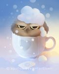  ambiguous_gender apofiss avian beak bird brown_feathers cup cute disgruntled feathers feral gradient_background looking_at_viewer owl reaction_image simple_background snow snowing solo teabag 