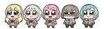  5girls :> :3 aqua_hair arms_at_sides bad_id bang_dream! bkub black_shoes black_socks blazer blonde_hair blue_eyes blush_stickers braid brown_dress brown_hair brown_necktie brown_shoes brown_skirt brown_socks buttons chibi chibi_only closed_mouth collared_shirt dot_nose double-breasted dress full_body glasses green_eyes grey_eyes grey_jacket half_updo hanasakigawa_school_uniform haneoka_school_uniform hikawa_hina jacket long_hair long_sleeves maruyama_aya multiple_girls neck_ribbon necktie official_art open_mouth pastel_palettes_(bang_dream!) pink-framed_eyewear pink_eyes pink_hair plaid_clothes plaid_skirt pleated_skirt purple_eyes red_ribbon ribbon sailor_collar sailor_dress school_uniform semi-rimless_eyewear shirasagi_chisato shirt shoes short_hair side_braids simple_background skirt smile socks striped_clothes striped_necktie twin_braids twintails under-rim_eyewear v-shaped_eyebrows wakamiya_eve white_background white_hair white_sailor_collar white_shirt winter_uniform yamato_maya 