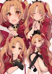  ashino asymmetrical_legwear asymmetrical_sleeves bangs blonde_hair blush cape closed_eyes commentary_request detached_collar detached_sleeves ereshkigal_(fate/grand_order) fate/grand_order fate_(series) gold_trim hair_ribbon heart highres long_hair looking_at_viewer multiple_views open_mouth parted_bangs red_cape red_eyes red_ribbon ribbon single_detached_sleeve single_sleeve single_thighhigh skull smile spoken_heart thighhighs tiara translation_request two_side_up wavy_mouth 