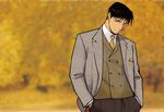  black_eyes black_hair blurry blurry_background coat formal fullmetal_alchemist grey_coat hand_in_pocket looking_away male_focus necktie pants roy_mustang serious shaded_face shirt short_hair simple_background smile solo standing urikurage waistcoat white_shirt yellow_background 