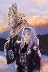  1girl alternate_costume bird black_gloves blunt_bangs commentary_request flower gloves grey_hair hair_flower hair_ornament hanten_(clothes) idolmaster looking_at_viewer mount_fuji outdoors sayuumigi shijou_takane solo 