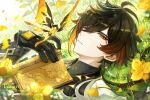  1boy antenna_hair artist_name black_gloves black_hair black_shirt book brown_eyes brown_hair brown_jacket collared_shirt commentary_request crystalfly_(genshin_impact) day earrings eyeshadow flower gem genshin_impact ginkgo_leaf gloves gradient_hair grass hair_between_eyes half-closed_eyes hand_up highres holding holding_book jacket jewelry lapels leaf leather leather_gloves long_hair long_sleeves looking_at_viewer low_ponytail lying makeup male_focus multicolored_hair on_back open_book orange_hair outdoors pendant pink_flower ponytail red_eyeshadow shirt single_earring solo tassel tassel_earrings teeth tgf_pic watermark white_flower yellow_flower yellow_gem zhongli_(genshin_impact) 