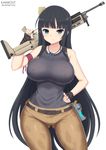  ass_visible_through_thighs assault_rifle bare_shoulders black_hair blue_eyes breasts camouflage camouflage_pants cosplay covered_nipples crossover dog_tags explosive fingerless_gloves fortnite gloves grenade gun hand_on_hip ikaruga_(senran_kagura) kainkout large_breasts light_smile long_hair pants ramirez_(fortnite) ramirez_(fortnite)_(cosplay) rifle senran_kagura solo thighs very_long_hair weapon 