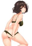  akiyama_yukari ass bangs bra breasts brown_eyes brown_hair camouflage camouflage_bra camouflage_panties girls_und_panzer harino646 highres looking_back medium_breasts messy_hair panties short_hair simple_background solo underwear underwear_only white_background 