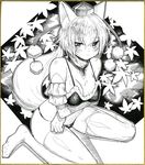  animal_ears bangs bare_shoulders bikini breast_hold breasts cleavage crossed_arms detached_sleeves graphite_(medium) greyscale hat highres inubashiri_momiji leaf looking_at_viewer mechanical_pencil medium_breasts millipen_(medium) monochrome oshake pencil pom_pom_(clothes) shikishi sitting solo swimsuit tail thighhighs tokin_hat touhou traditional_media wariza wolf_ears wolf_tail 