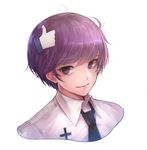  androgynous artist_name bangs blue_neckwear closed_mouth collared_shirt facebook facebook_like hair_ornament looking_at_viewer necktie original portrait purple_eyes purple_hair shal.e shirt simple_background smile solo white_background white_shirt wing_collar 