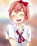  artist_name artist_request bangs blurry blurry_background blush bow brown_hair closed_eyes collared_shirt doki_doki_literature_club facing_viewer hair_bow highres neck_ribbon open_mouth pink_hair red_bow red_neckwear ribbon round_teeth sayori_(doki_doki_literature_club) school_uniform shirt short_hair short_sleeves smile solo source_request teeth upper_body wing_collar 