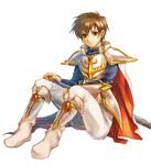  arm_guards armor breastplate brown_eyes brown_hair cape fire_emblem fire_emblem:_seisen_no_keifu fire_emblem:_thracia_776 holding holding_sword holding_weapon leaf_(fire_emblem) looking_at_viewer male_focus pauldrons simple_background solo sword weapon white_background 