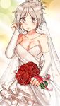  bare_shoulders bouquet breasts bridal_gauntlets bridal_veil brown_eyes cleavage dress elbow_gloves eramey flower folded_ponytail gloves grey_hair highres large_breasts league_of_legends looking_at_viewer red_flower red_rose riven_(league_of_legends) rose short_hair solo strapless strapless_dress tears veil wedding_dress white_dress wiping_tears 
