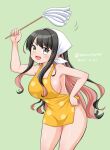  apron bandana black_hair breasts colored_inner_hair commentary_request dated duster feather_duster green_background kantai_collection large_breasts leaning_forward masara_(chuujou) multicolored_hair naganami_(kancolle) naked_apron one-hour_drawing_challenge pink_hair polka_dot polka_dot_apron smile standing twitter_username white_bandana yellow_apron yellow_eyes 