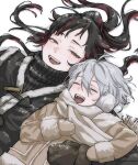  2boys :d aged_down ahoge arm_around_back black_hair black_sweater blunt_ends blush brown_jacket brown_mittens brown_scarf child closed_eyes commentary_request earmuffs fangs father_and_son fringe_trim fur-trimmed_jacket fur-trimmed_vest fur_trim grey_hair grin hair_between_eyes hair_spread_out hand_on_another's_arm hand_on_another's_stomach hand_on_own_chest high_ponytail highres jacket lilia_vanrouge lilia_vanrouge_(general's_armor) long_hair long_sleeves looking_at_another lying male_focus mittens multicolored_hair multiple_boys narrowed_eyes nose_blush on_back on_ground open_mouth outdoors pale_skin parted_bangs ponytail raised_eyebrows red_eyes red_streaks ribbed_sweater scarf short_hair side-by-side sideways_glance silver_vanrouge slit_pupils smile snow streaked_hair sweater toggles turtleneck turtleneck_sweater twisted_wonderland udonh upper_body vest winter_clothes 