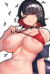 1girl alternate_costume animal_background arm_at_side bare_shoulders bikini bikini_top_lift black_choker black_hair black_nails blunt_bangs breasts choker clothes_lift collarbone colored_inner_hair commentary_request detached_sleeves ellen_joe fingernails fins fish_tail frilled_sleeves frills hair_ornament hairclip half-closed_eyes halterneck hand_up heart heart_choker highres large_breasts lifting_own_clothes looking_at_viewer mole mole_under_eye multicolored_hair multiple_moles nail_polish navel nicchi nipples parted_lips pendant_choker red_bikini red_eyes red_hair shark shark_girl shark_tail sharp_teeth short_hair short_sleeves simple_background skindentation solo stomach swimsuit tail teeth two-tone_hair upper_body white_background x_hair_ornament zenless_zone_zero 