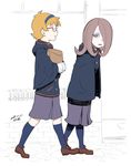  =_= blue_legwear bright_pupils brown_footwear character_request dated from_side glasses hair_over_one_eye hairband holding leaning_forward little_witch_academia long_hair long_sleeves lotte_jansson multiple_girls orange_hair parted_lips pleated_skirt profile purple_hair purple_skirt red-framed_eyewear red_eyes semi-rimless_eyewear shoes short_hair signature skirt smile socks standing sucy_manbavaran tsukudani_(coke-buta) under-rim_eyewear walking 