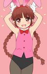  :d animal_ears armpits arms_up bangs blunt_bangs blush bow bowtie braid brown_eyes brown_hair bunny_ears bunny_pose commentary_request cowboy_shot eyebrows_visible_through_hair fake_animal_ears gloves haga_yui hair_bow kukuri long_hair looking_at_viewer mahoujin_guruguru open_mouth pantyhose pink_background pink_bow red_neckwear simple_background sleeveless smile solo thigh_gap twin_braids very_long_hair white_gloves 