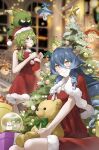  2girls animal_ears antlers aranara_(genshin_impact) bare_arms blue_eyes blurry blurry_background capelet christmas christmas_ornaments christmas_star christmas_tree collei_(genshin_impact) commentary cuilein-anbar_(genshin_impact) decorating_christmas_tree deer_antlers deer_ears dress drill_hair drill_sidelocks fur-trimmed_capelet fur-trimmed_dress fur_trim genshin_impact gift green_hair hair_ribbon hat highres horns indoors layla_(genshin_impact) long_hair looking_at_viewer low-tied_long_hair multiple_girls purple_eyes red_capelet red_dress red_hat red_ribbon ribbon santa_costume santa_dress santa_hat sidelocks sleeveless smile snow_globe stuffed_animal stuffed_toy symbol-only_commentary taira_(taira_oekaki) teddy_bear yellow_eyes 