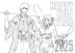  1boy 1girl 2025 bleach closed_mouth cow floral_print floral_print_kimono fur-trimmed_kimono fur_trim furisode greyscale hagoita hair_between_eyes hair_bun happy_new_year hashtag-only_commentary holding holding_mallet holding_paddle holding_shuttlecock inoue_orihime japanese_clothes kimono kubo_tite_(style) kurosaki_ichigo long_hair mallet monochrome open_mouth over_shoulder paddle parted_bangs print_kimono rakusakugk sharp_teeth short_hair shuttlecock sidelocks sketch smile teeth updo weapon weapon_over_shoulder white_background 