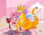 anthro ball_of_yarn bean_bag bodily_fluids bow_accessory cat_toy clothed clothing crib curtains detailed_background diaper diaper_check dragon felid feline genital_fluids hair hi_res holding_pacifier humanoid mammal merunyaa mythological_creature mythological_scalie mythology orange_body pacifier pink_clothing pink_hair pink_room pouch_(anatomy) question_mark rug scalie touching_diaper unclean_diaper urine used_diaper wearing_diaper wet_diaper wings yarn