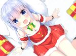  bare_shoulders bell blue_eyes blue_hair box breasts christmas cleavage commentary_request downblouse dress from_above gift gift_box gochuumon_wa_usagi_desu_ka? hair_ornament hairclip jingle_bell kafuu_chino kouda_suzu long_hair looking_up open_mouth red_dress short_dress sitting small_breasts smile solo strapless strapless_dress 