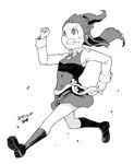  belt clenched_teeth collared_shirt dated from_side full_body greyscale kagari_atsuko little_witch_academia long_hair long_sleeves monochrome running shirt shoes signature skirt socks solo sweatdrop teeth tsukudani_(coke-buta) vest wand wing_collar 