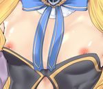  azur_lane black_skirt blonde_hair blue_bow blue_neckwear blue_ribbon bow breasts close-up commentary_request detached_collar head_out_of_frame long_hair neck_ribbon nipple_slip nipples queen_elizabeth_(azur_lane) ribbon shiny shiny_skin shirt_pull skirt small_breasts solo strapless takara_akihito upper_body very_long_hair 