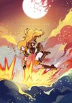  broken_moon character_name cloud ecru ember_celica_(rwby) explosion long_hair moon punching rwby solo yang_xiao_long 