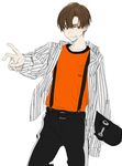  bad_id bad_tumblr_id brown_eyes brown_hair cowboy_shot grey_jacket grin hirota_tsuu jacket looking_at_viewer male_focus open_clothes open_jacket orange_shirt original shirt simple_background skateboard smile solo standing striped_jacket suspenders v white_background 