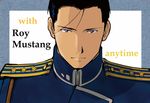  amestris_military_uniform bangs black_eyes black_hair blue_background character_name english face frame fullmetal_alchemist looking_at_viewer male_focus military military_uniform roy_mustang serious shaded_face short_hair simple_background smile solo text_focus uniform urikurage white_background 