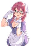  :d amano_miu apron black-framed_eyewear black_bra blend_s blue_eyes blush bow bow_bra bra bra_peek braid breasts cleavage condom_wrapper eyebrows_visible_through_hair frilled_apron frills glasses gloves half-closed_eyes head_scarf highres leaning_forward long_hair looking_at_viewer medium_breasts minase_shuu open_mouth puffy_short_sleeves puffy_sleeves purple_bow red_hair short_sleeves simple_background single_strap smile solo stile_uniform sweat twin_braids unbuttoned unbuttoned_shirt underwear waitress white_apron white_background white_gloves 