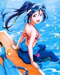  back bare_shoulders bikini bikini_under_clothes blue_hair fish flippers goggles goggles_on_head halter_top halterneck high_ponytail long_hair love_live! love_live!_sunshine!! matsuura_kanan murota_yuuhei official_art open_mouth purple_eyes round_teeth sitting snorkel soaking_feet solo striped striped_bikini swimsuit teeth upper_teeth water wetsuit 