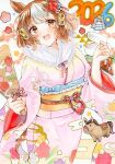  2026 2girls :d animal_ears belno_light_(umamusume) brown_eyes brown_hair commentary_request flower food food_on_head fruit fruit_on_head fur_collar grey_hair hagoita hair_flower hair_ornament highres horse_ears horse_girl japanese_clothes kimono letter_hair_ornament long_hair long_sleeves looking_at_viewer mandarin_orange marker_(medium) mochi multiple_girls new_year obi obijime object_on_head oguri_cap_(umamusume) paddle pink_kimono print_kimono red_flower sash shin_kun30 smile traditional_media twitter_username umamusume watermark wide_sleeves yellow_sash 