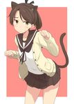  animal_ears blush brown_hair brown_skirt cardigan cat_ears cat_tail commentary cowboy_shot hair_ribbon kantai_collection kugui_kiyunemu looking_at_viewer pleated_skirt ponytail ribbon school_uniform serafuku shikinami_(kantai_collection) short_hair skirt solo tail wavy_mouth yellow_eyes 