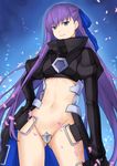 blue_eyes crotch_plate fate/extra fate/extra_ccc fate_(series) groin hand_on_hip long_hair looking_at_viewer meltlilith navel petals purple_hair revealing_clothes smile solo terry_(pixiv3274443) very_long_hair 