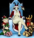  2017 anthro antlers ball_gag baphomet bell big_breasts bottomless breasts bulge candy candy_cane caprine cat chair christmas clothed clothing crossed_legs demon fake_antlers feline female food gag hat hladilnik holidays horn lucy_(hladilnik) male mammal midriff mistletoe penis_outline plant scar sheep smile spade_tail suggestive suggestive_food throne toothy_grin y_incision 