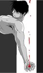  bare_chest black_background black_hair blood covering expressionless fullmetal_alchemist grey_background male_focus monochrome nude nude_cover outstretched_arm red roy_mustang serious short_hair simple_background solo spot_color urikurage white_background 