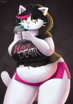  2018 4_fingers anthro belly big_belly big_breasts black_hair breasts cat catti_(deltarune) cellphone clothed clothing deep_navel deltarune digital_media_(artwork) don_ko ear_piercing english_text eyeshadow feline female hair hi_res holding_object holding_phone looking_at_viewer makeup mammal midriff navel overweight overweight_female phone piercing pink_nose shorts solo text thick_thighs voluptuous wide_hips yellow_sclera 