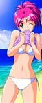  90s absurdres beach bikini blue_eyes cowboy_shot day forearms_at_chest high_ponytail highres kokura_masashi long_hair looking_at_viewer mouth_hold navel non-web_source ocean official_art oldschool one_eye_closed outdoors pink_hair shirayuki_maho shirt_lift side-tie_bikini solo swimsuit tokimeki_memorial tokimeki_memorial_2 white_bikini 