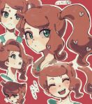  1girl aqua_eyes aqua_shirt breasts brown_coat chomocho22 cleavage coat hair_ornament heart heart_hair_ornament highres long_hair medium_breasts multiple_expressions no_eyewear open_mouth orange_hair pokemon pokemon_swsh shirt side_ponytail side_ponytail_with_hair_base smile solo sonia_(pokemon) swept_bangs translation_request v-neck wavy_hair 