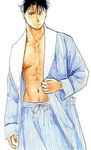  bare_chest black_eyes black_hair brown_background expressionless fullmetal_alchemist jacket male_focus navel nib_pen_(medium) one_eye_closed ribbon roy_mustang short_hair shorts simple_background sleepy solo standing traditional_media urikurage watercolor_(medium) 