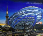  architecture artist_name billboard blue_sky building cityscape coca-cola colored_pencil_(medium) commentary_request copyright_notice english_commentary hayashi_ryouta mixed-language_commentary nagoya_(city) night no_humans original outdoors photorealistic radio_tower real_world_location realistic scenery sky traditional_media watermark 