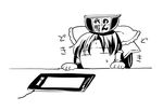  bow closed_eyes comic commentary_request drawing_tablet greyscale hair_bow hair_tubes hakurei_reimu hiding instant_ramen monochrome solo sweatdrop tako_(plastic_protein) touhou translation_request 