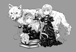  alternate_costume animal banned_artist black_gloves book_stack dress expressionless gloves grey_background greyscale hairband heart kneeling komeiji_koishi komeiji_satori looking_at_viewer monochrome multiple_girls okoge_senbei outstretched_arm sash siblings simple_background sisters sitting third_eye touhou wolf 