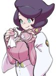 1girl adjusting_eyewear big_hair breasts capelet commentary_request green_eyes high-waist_skirt holding holding_removed_eyewear large_breasts long_sleeves mature_female medium_skirt pencil_skirt pink-framed_eyewear pink_sweater pokemon pokemon_sm purple_hair ribbed_sweater short_hair skirt smile solo sweater turtleneck turtleneck_sweater unworn_eyewear upper_body white_capelet white_skirt wicke_(pokemon) yeahhhhmon 