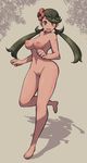 barefoot breasts bright_pupils colored_pubic_hair dark_skin flower full_body green_eyes green_hair hair_flower hair_ornament hands_up highres lamb-oic029 leg_up long_hair looking_at_viewer low_twintails mao_(pokemon) medium_breasts navel nipples nude open_mouth pokemon pokemon_(game) pokemon_sm pubic_hair pussy smile solo standing standing_on_one_leg stomach toes trial_captain twintails white_pupils 